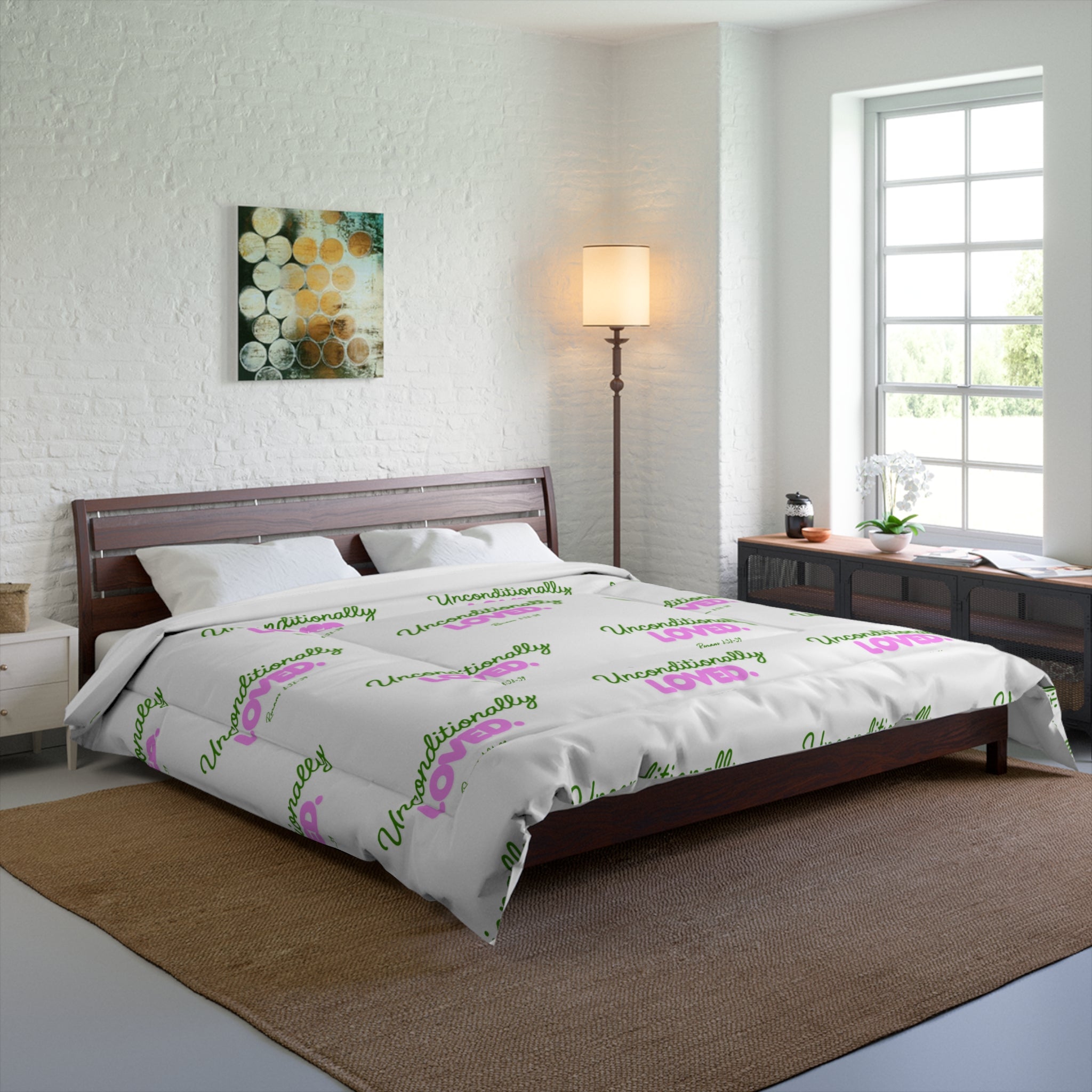 Comforter - "Unconditionally Loved" Repeating Script Pattern, Cozy Floral Pink & Green Bedding Gift