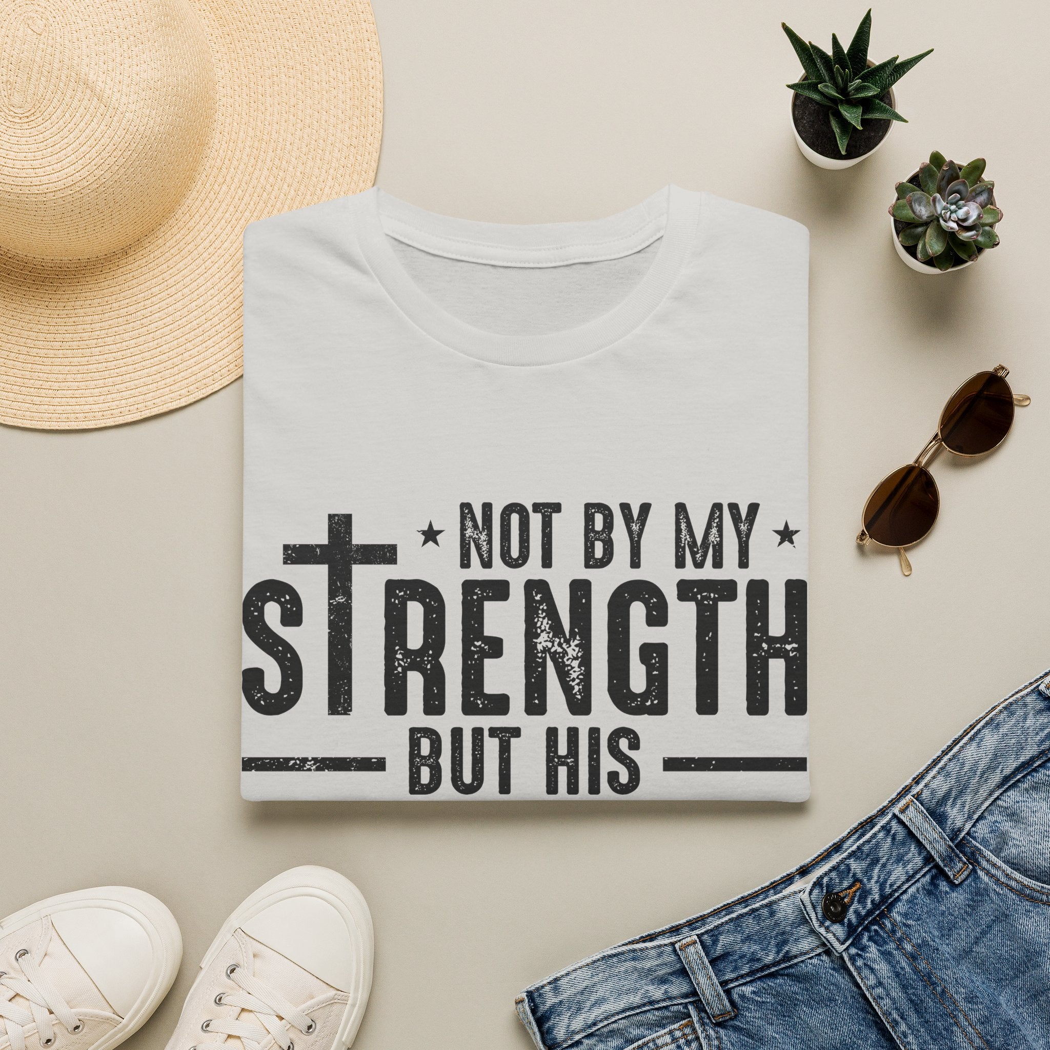 T‑Shirt — "Not By My Strength But His" Christian Cross Faith Tee