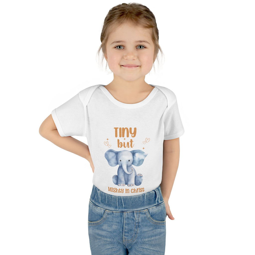 Infant Bodysuit, Tiny But Mighty in Christ Elephant Baby Onesie, Baby Shower Gift, First Birthday Outfit, Grandparents Gift, Combed Cotton