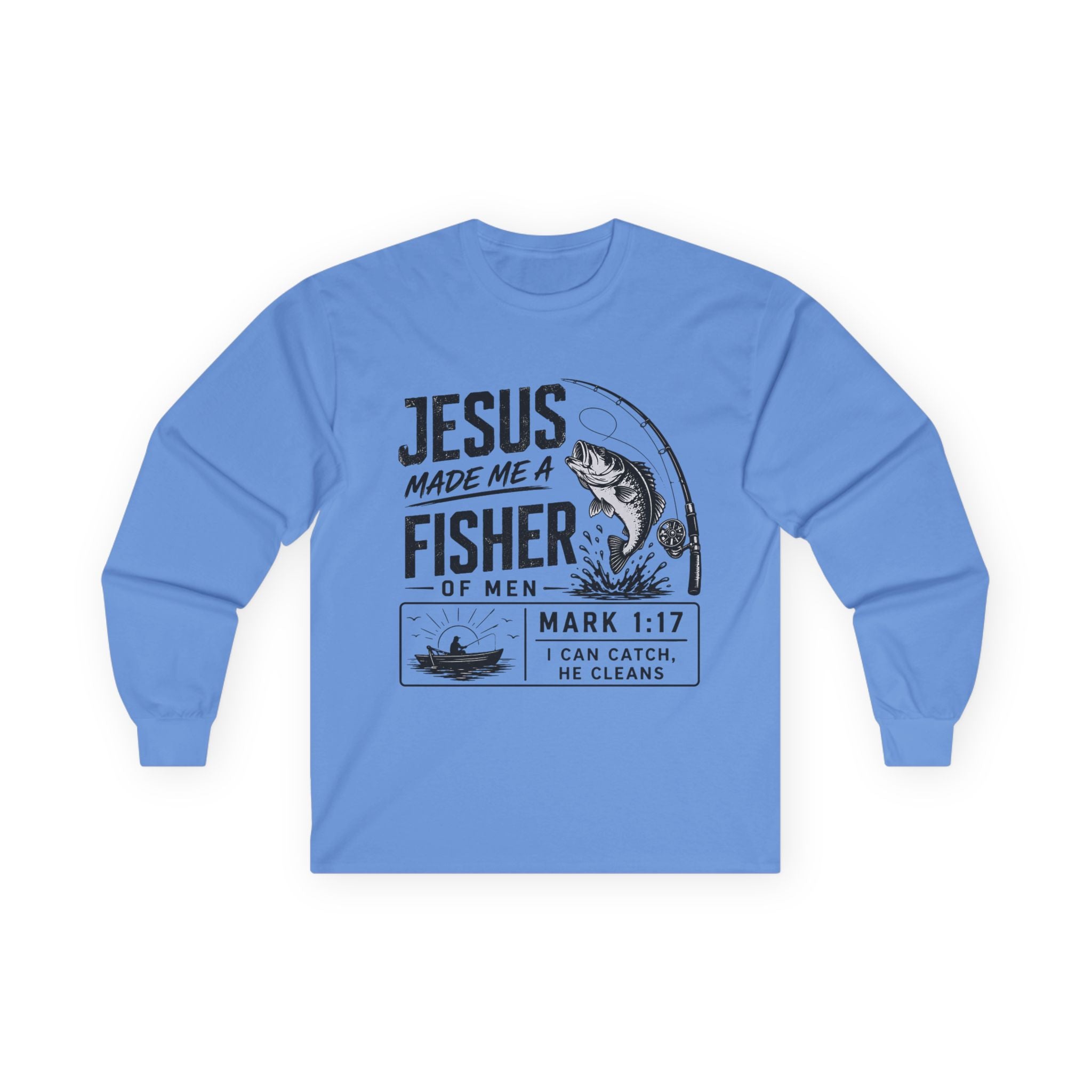 Jesus Made Me a Fisher Long Sleeve Tee — Mark 1:17 Christian Fishing Shirt