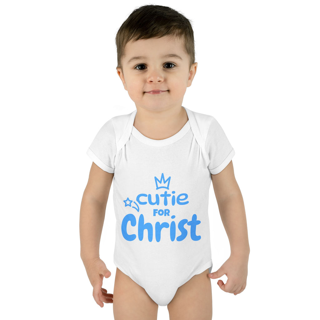 Boy's Infant and Toddler Bodysuit Cutie for Christ, Unisex Baby Rib Romper, religious celebration onesie, milestone outfit, baby shower gift