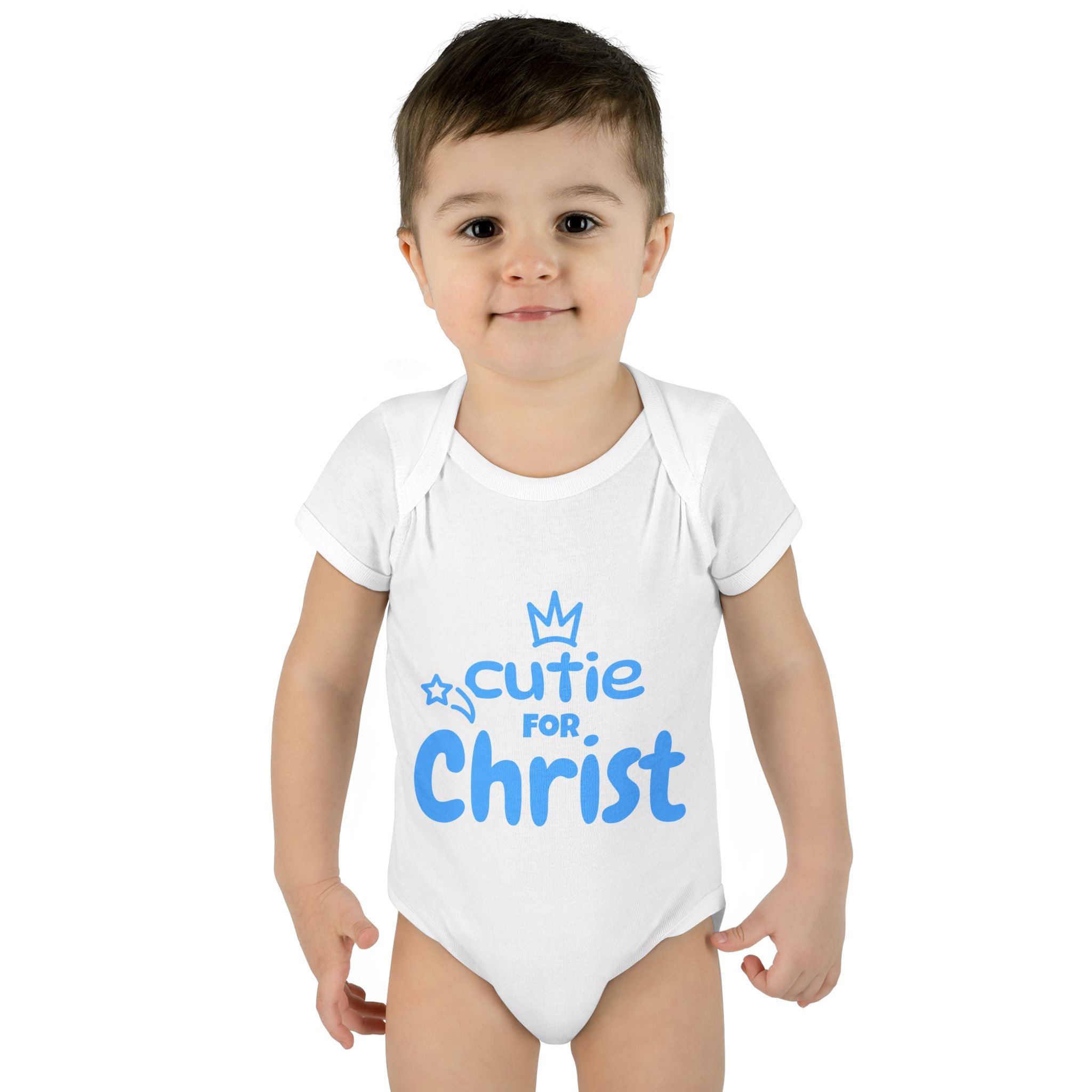 Boy's Infant and Toddler Bodysuit Cutie for Christ, Unisex Baby Rib Romper, religious celebration onesie, milestone outfit, baby shower gift