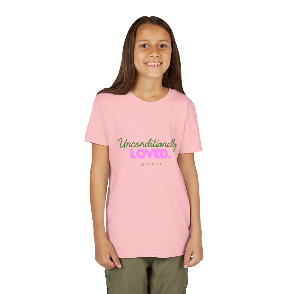 Youth Tee — "Unconditionally Loved." Pink & Green Inspirational Kids Shirt