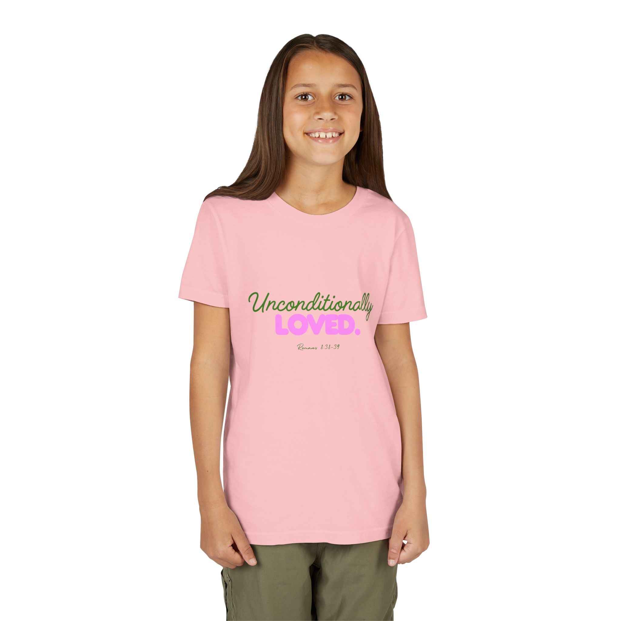 Youth Tee — "Unconditionally Loved." Pink & Green Inspirational Kids Shirt