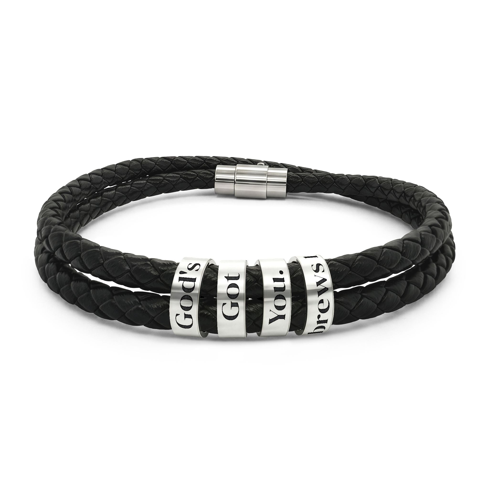 God's Got You. Engraved Black Leather Bead Bracelet — Personalized Men’s Double-Strand Wristband
