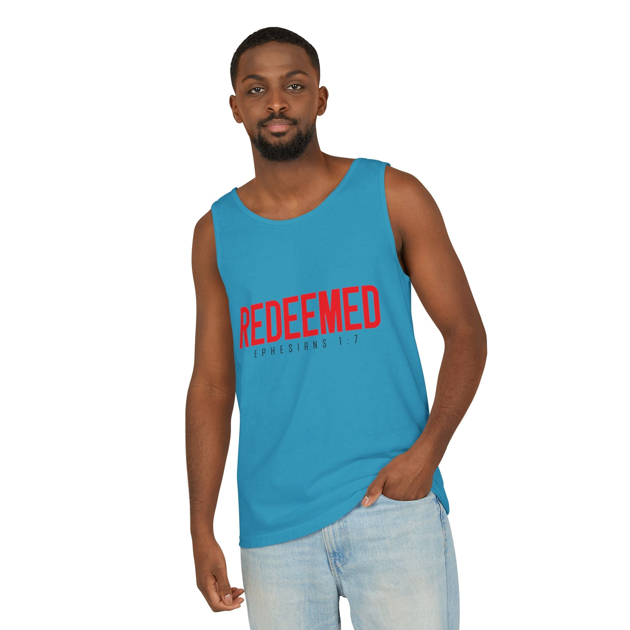 Redeemed Tank Top — Christian Ephesians 1:7 Faith Shirt