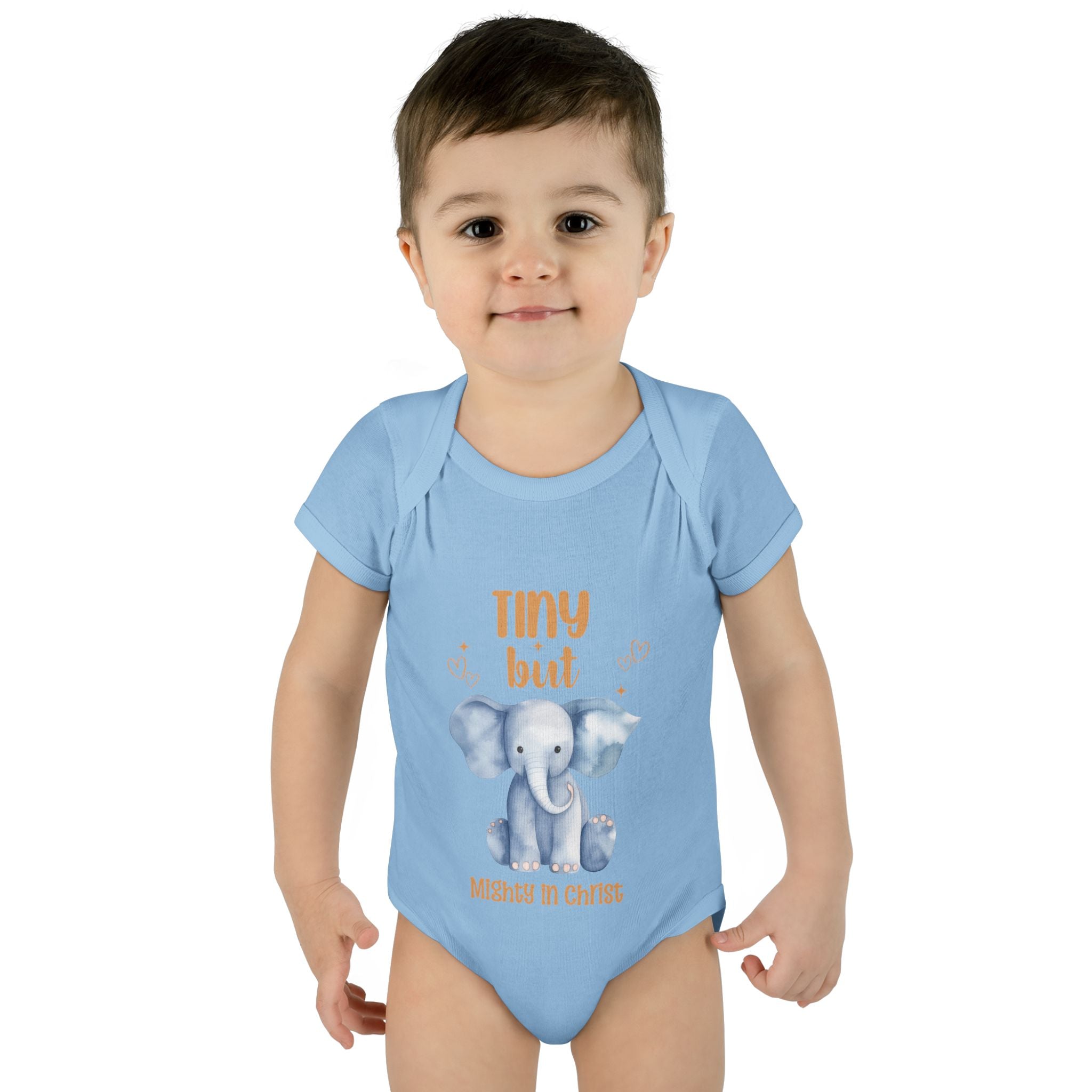 Infant Bodysuit, Tiny But Mighty in Christ Elephant Baby Onesie, Baby Shower Gift, First Birthday Outfit, Grandparents Gift, Combed Cotton