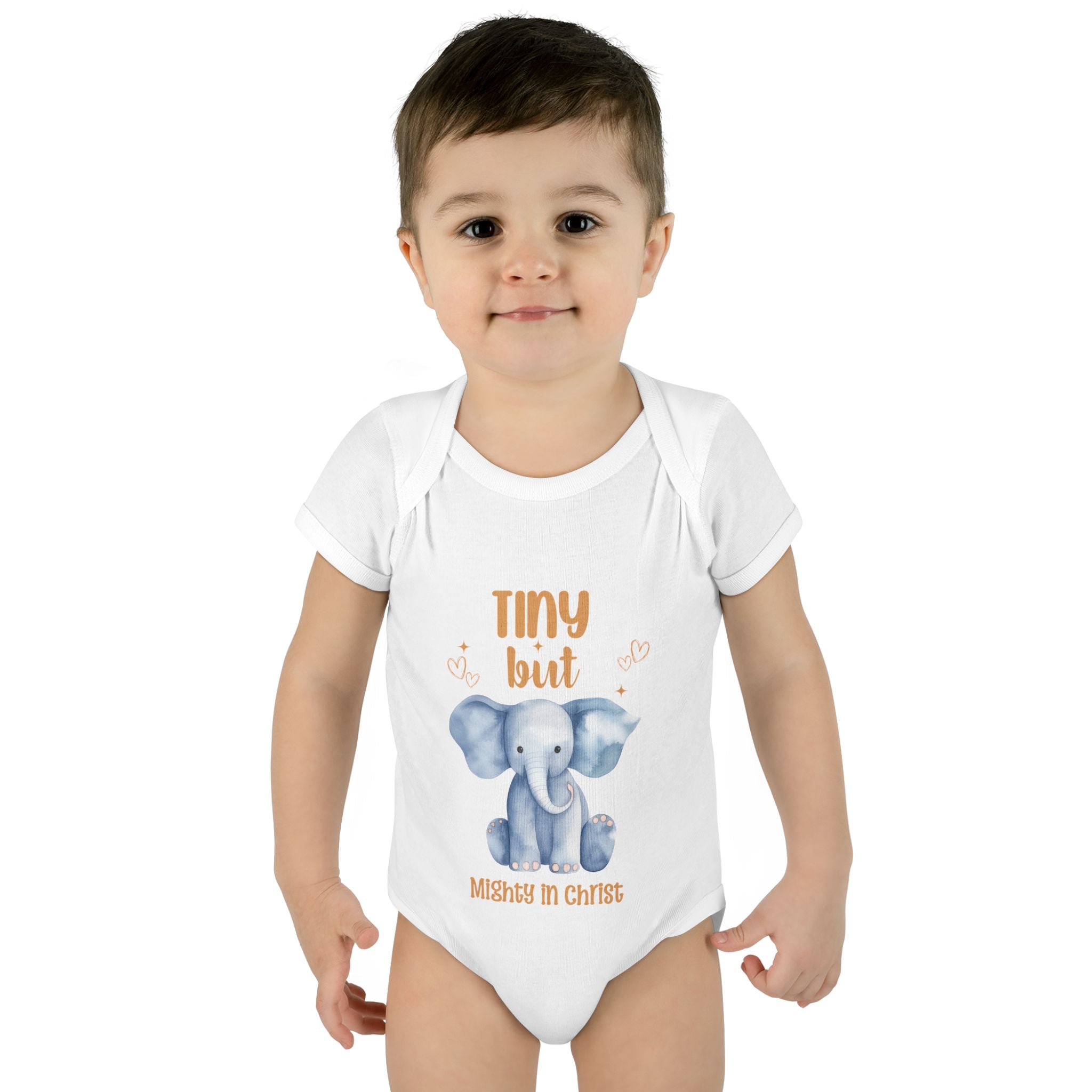 Infant Bodysuit, Tiny But Mighty in Christ Elephant Baby Onesie, Baby Shower Gift, First Birthday Outfit, Grandparents Gift, Combed Cotton