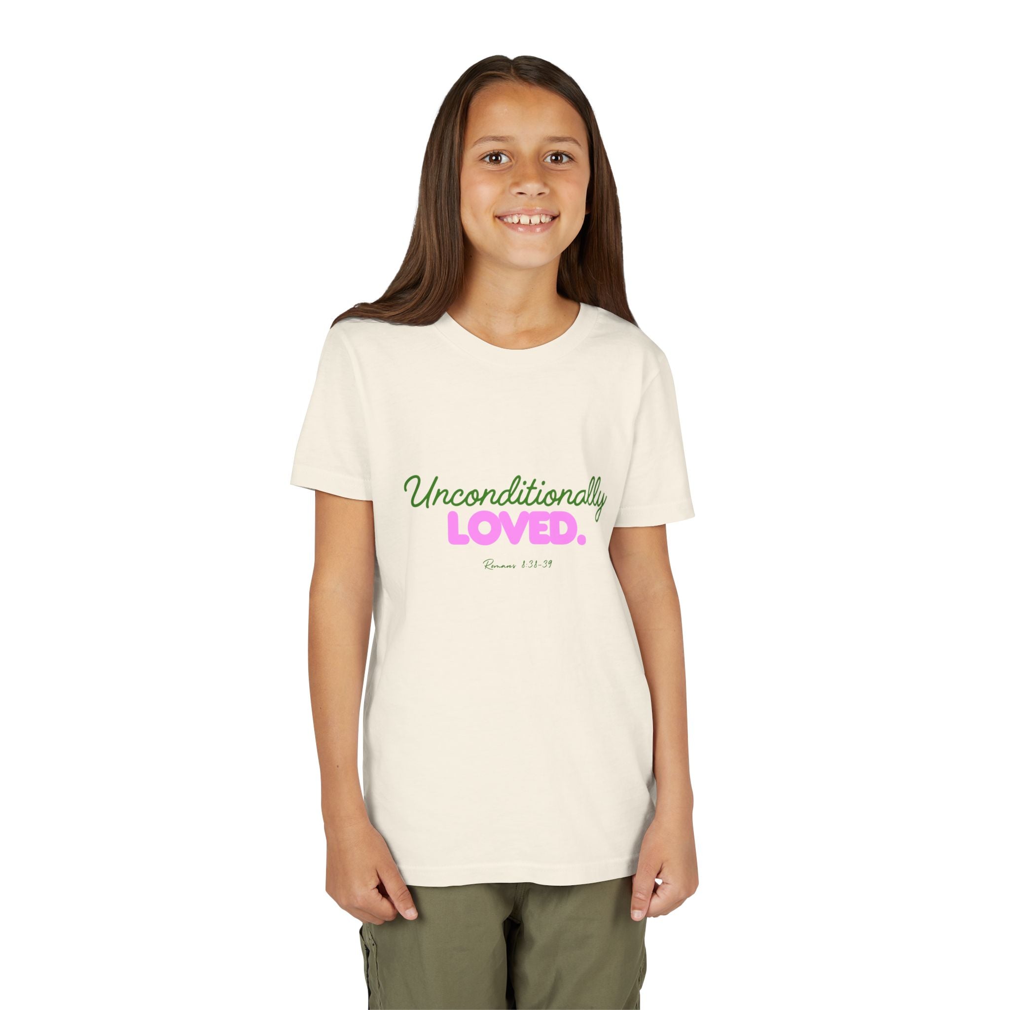 Youth Tee — "Unconditionally Loved." Pink & Green Inspirational Kids Shirt