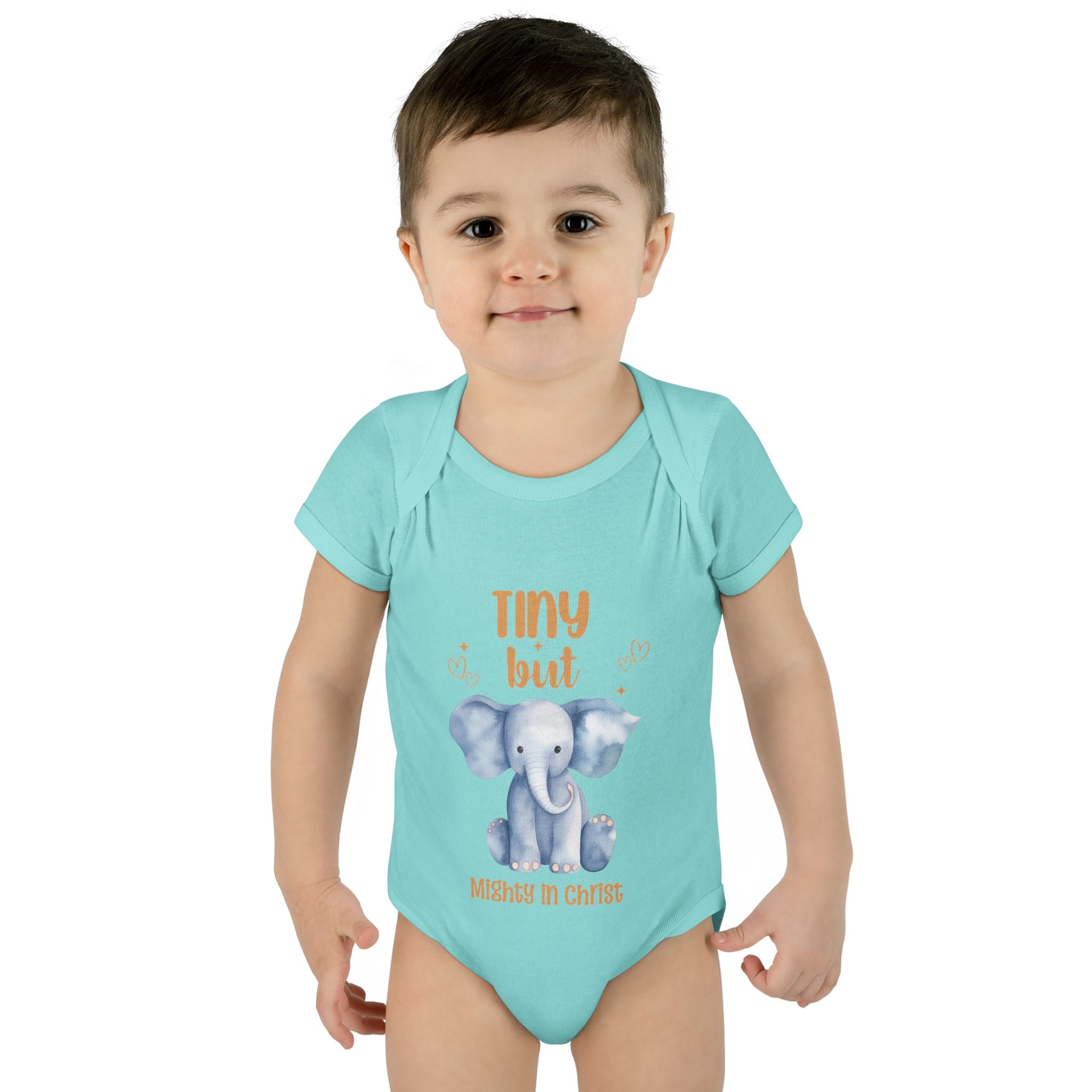 Infant Bodysuit, Tiny But Mighty in Christ Elephant Baby Onesie, Baby Shower Gift, First Birthday Outfit, Grandparents Gift, Combed Cotton