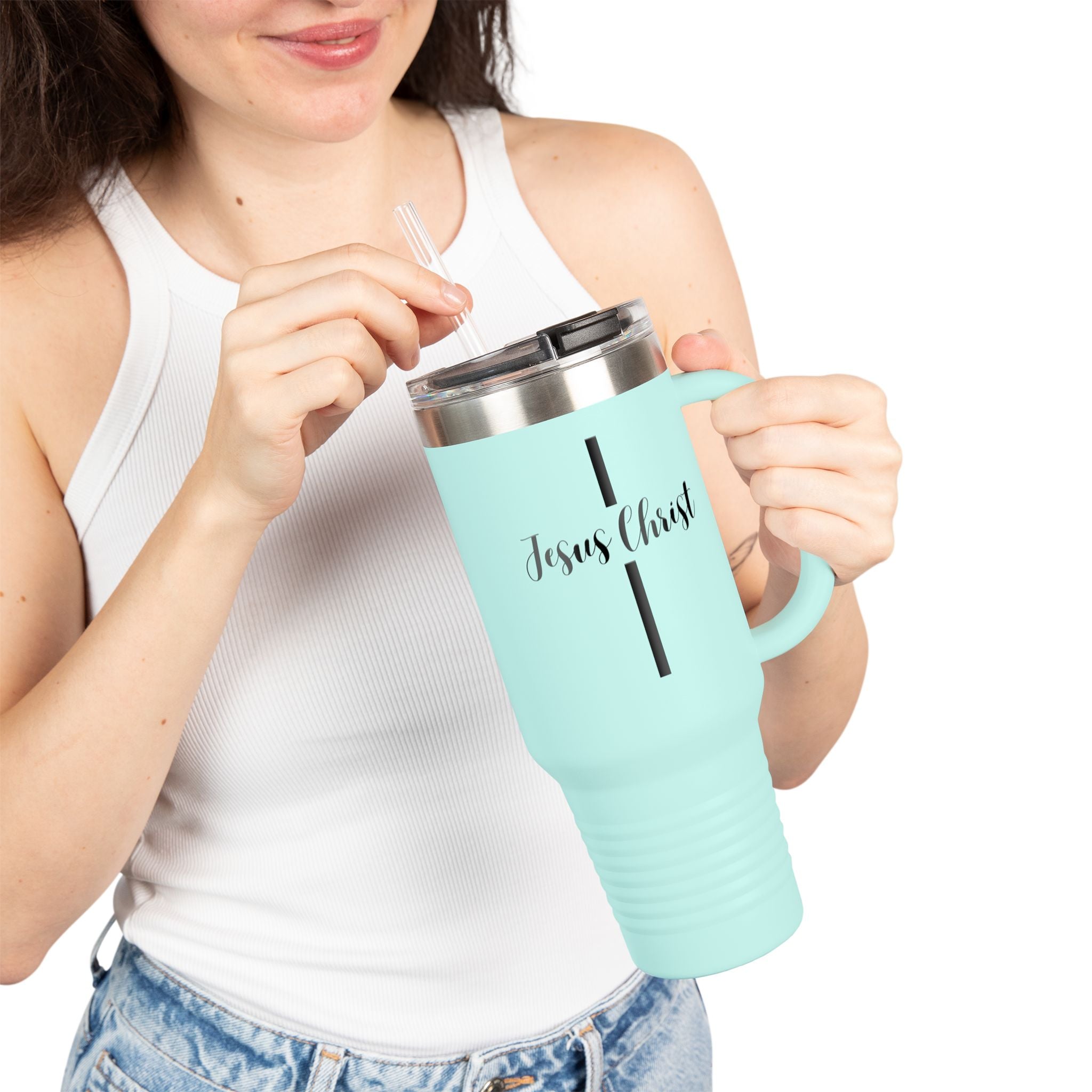 Jesus Christ Cross Minimalist Insulated Travel Mug, 40oz - Stainless Steel, Double-Wall, 8 Color Options, BPA Free, Christian Gift