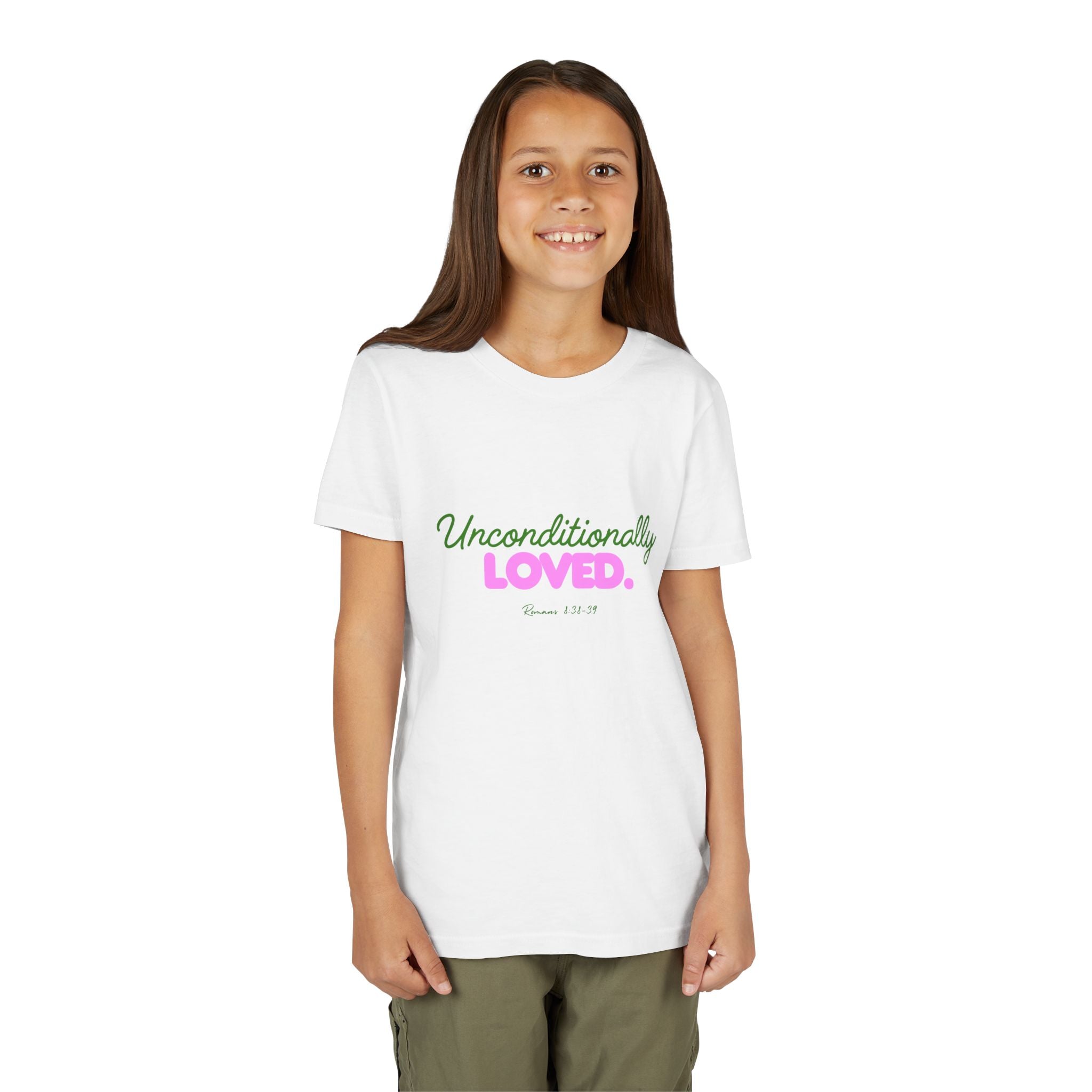 Youth Tee — "Unconditionally Loved." Pink & Green Inspirational Kids Shirt