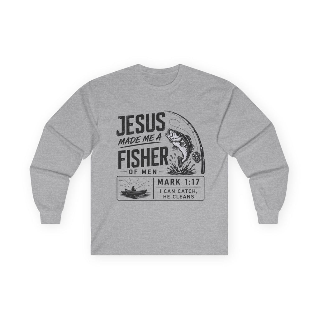 Jesus Made Me a Fisher Long Sleeve Tee — Mark 1:17 Christian Fishing Shirt