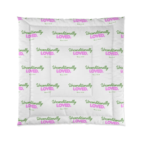 Comforter - "Unconditionally Loved" Repeating Script Pattern, Cozy Floral Pink & Green Bedding Gift