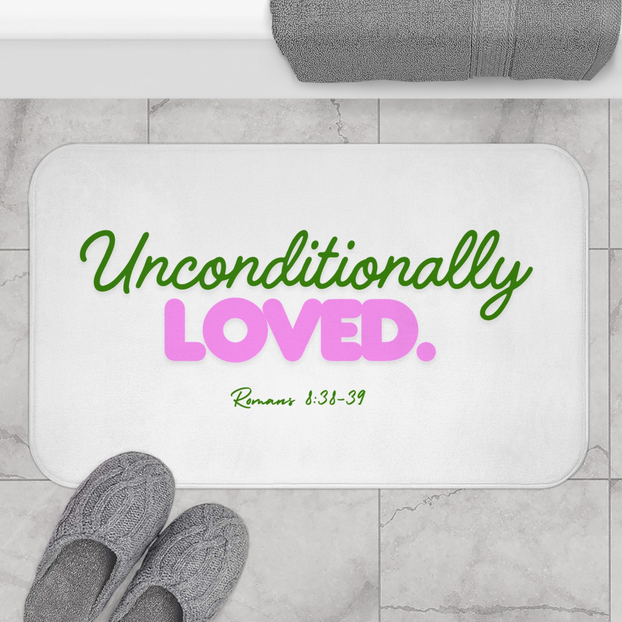 Unconditionally Loved Bath Mat – Christian Scripture Romans 1:31-39 Inspirational Bathroom Rug