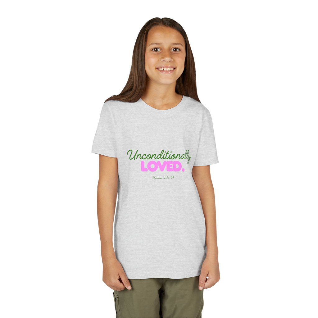 Youth Tee — "Unconditionally Loved." Pink & Green Inspirational Kids Shirt
