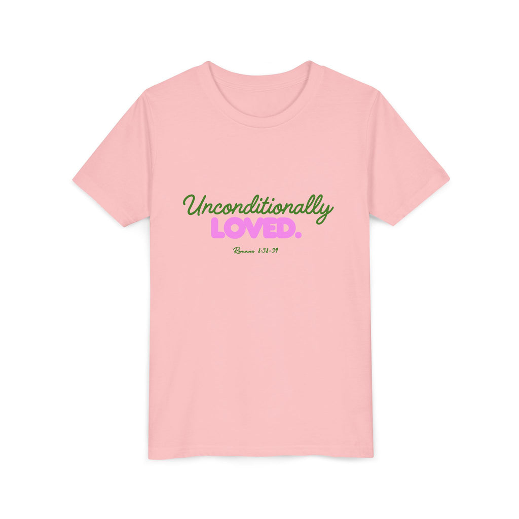 Youth Tee — "Unconditionally Loved." Pink & Green Inspirational Kids Shirt