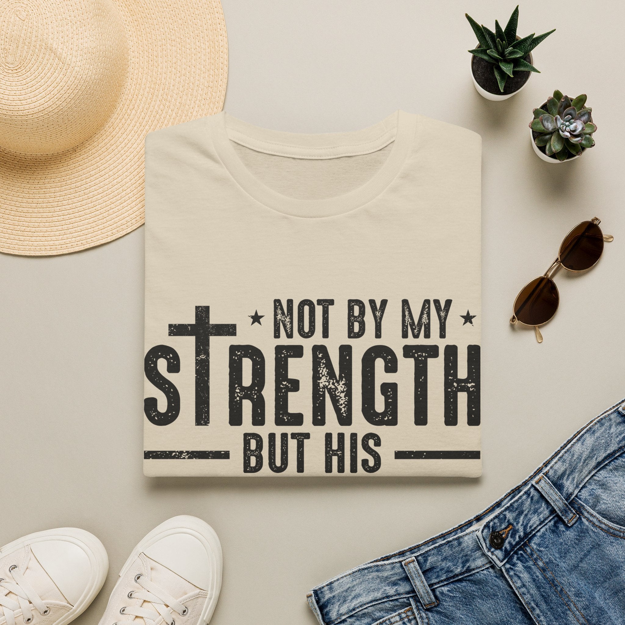 T‑Shirt — "Not By My Strength But His" Christian Cross Faith Tee