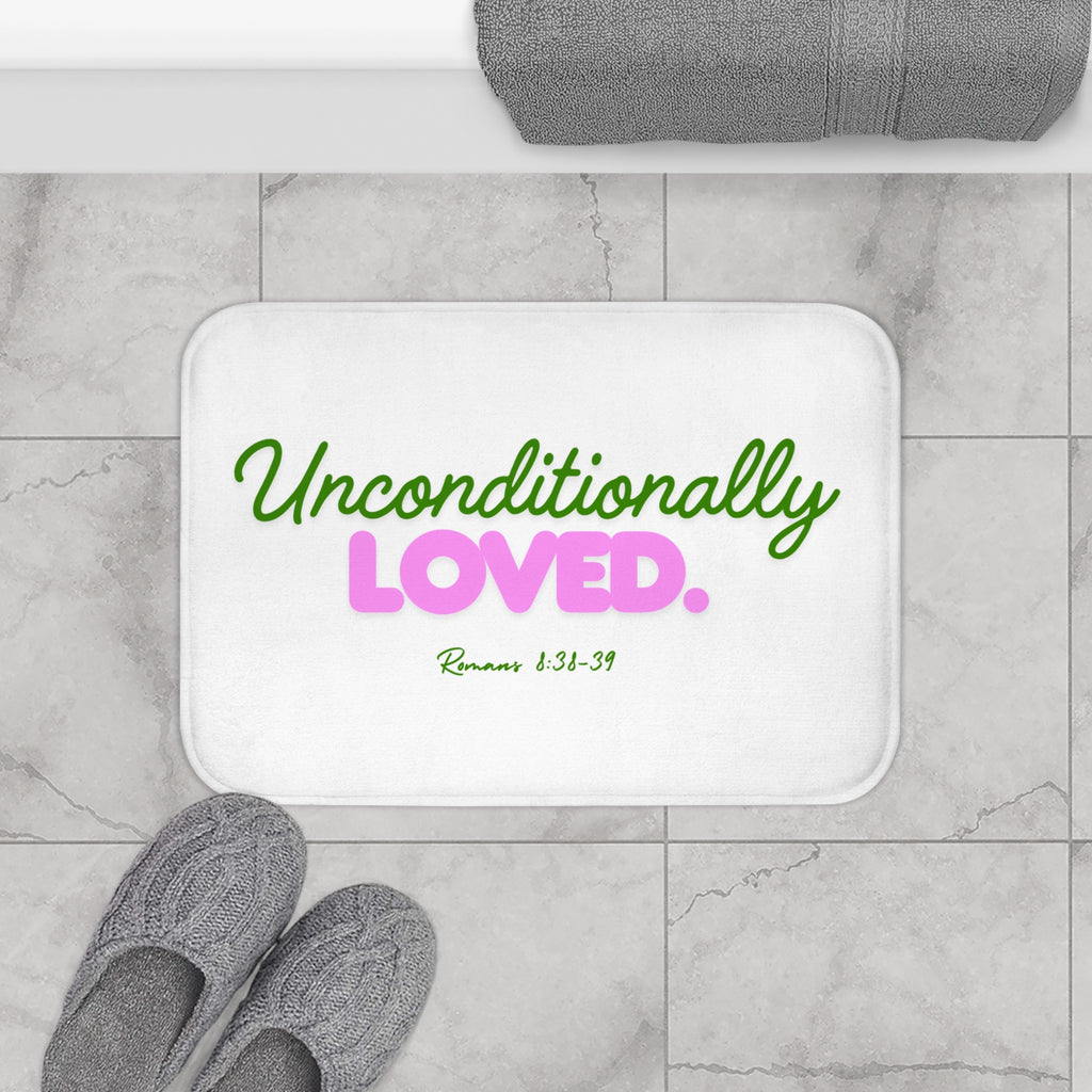 Unconditionally Loved Bath Mat – Christian Scripture Romans 1:31-39 Inspirational Bathroom Rug