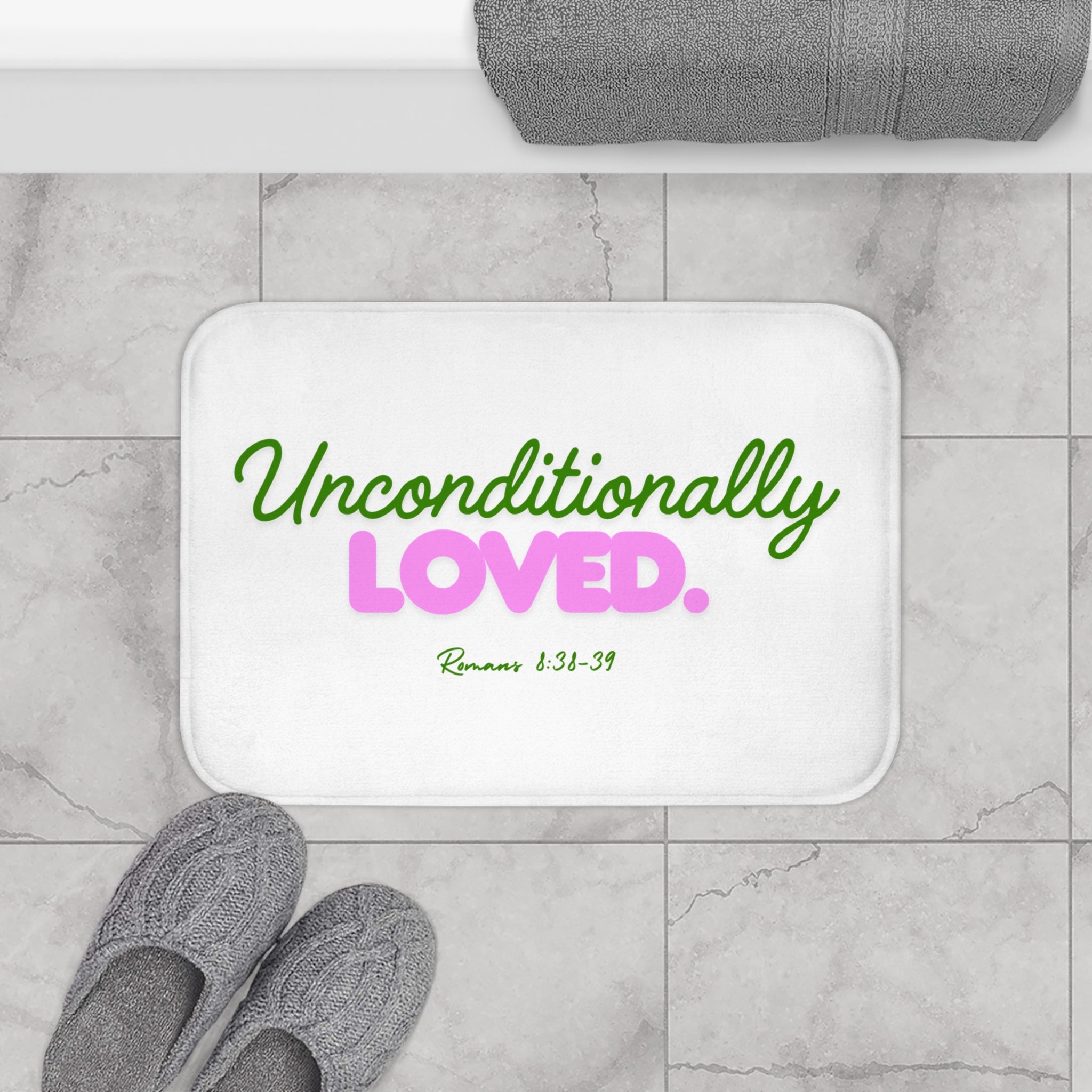 Unconditionally Loved Bath Mat – Christian Scripture Romans 1:31-39 Inspirational Bathroom Rug