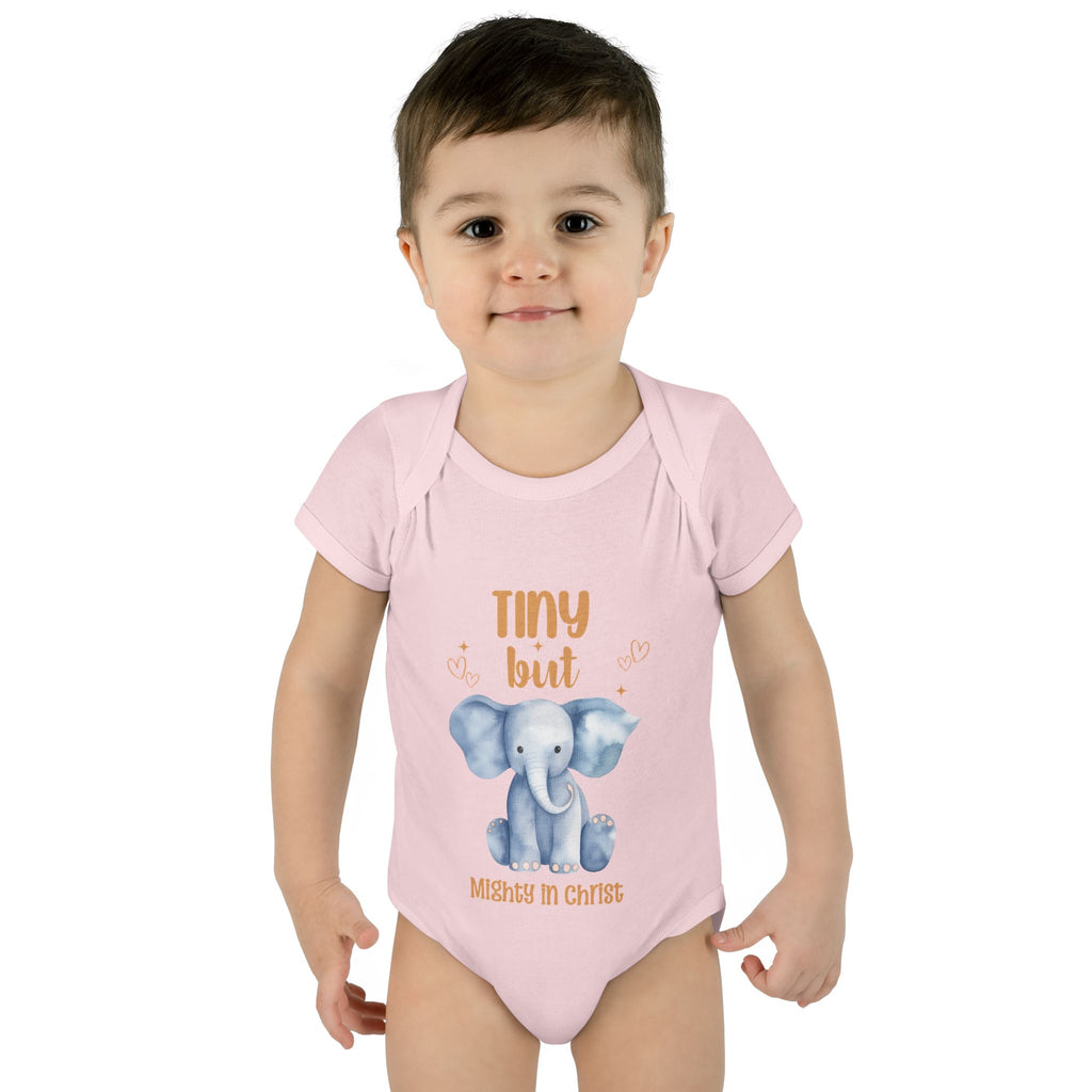 Infant Bodysuit, Tiny But Mighty in Christ Elephant Baby Onesie, Baby Shower Gift, First Birthday Outfit, Grandparents Gift, Combed Cotton