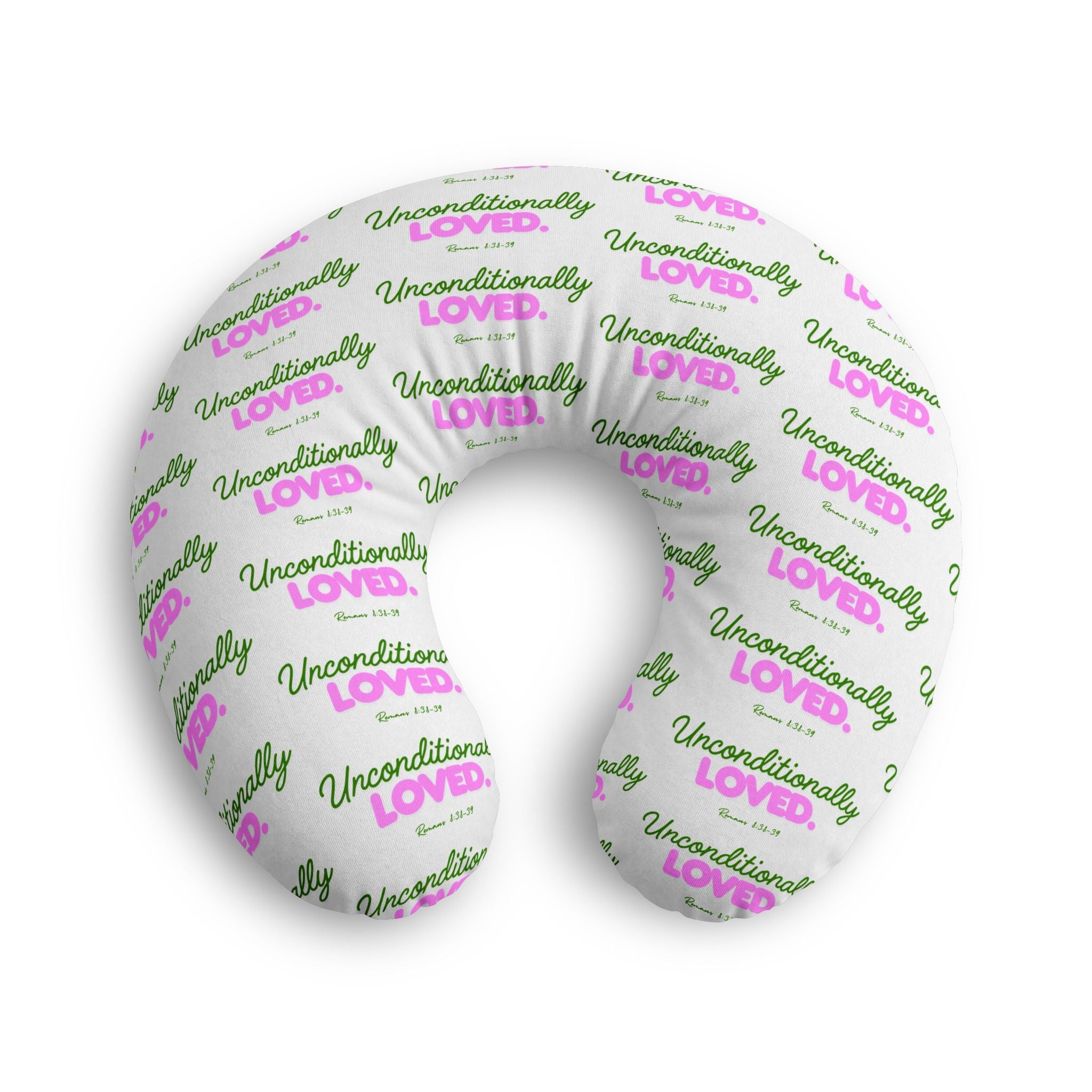 Nursing Pillow Cover - "Unconditionally Loved" Repeating Script Pattern (Pink & Green)