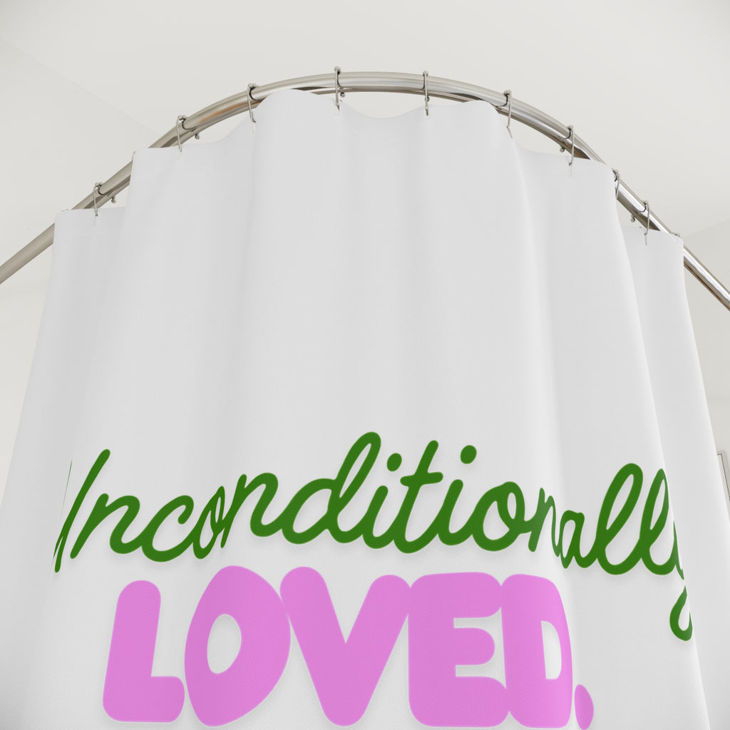 Shower Curtain — "Unconditionally Loved." Inspirational Bathroom Decor (Romans 8:38-39)