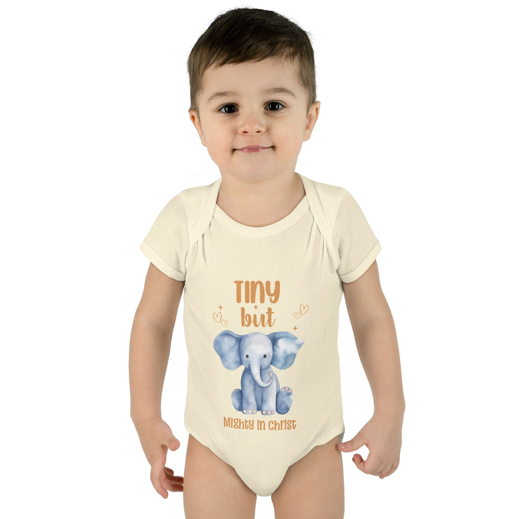 Infant Bodysuit, Tiny But Mighty in Christ Elephant Baby Onesie, Baby Shower Gift, First Birthday Outfit, Grandparents Gift, Combed Cotton
