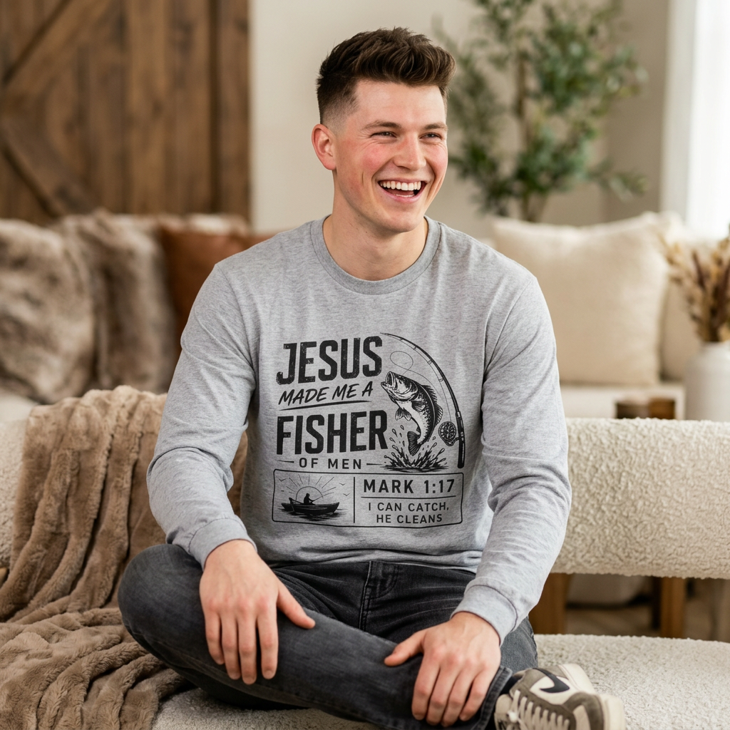 Jesus Made Me a Fisher Long Sleeve Tee — Mark 1:17 Christian Fishing Shirt