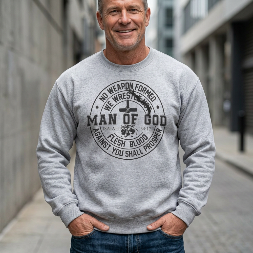 Man of God Sweatshirt — Isaiah 54:17 Faith Graphic Crewneck