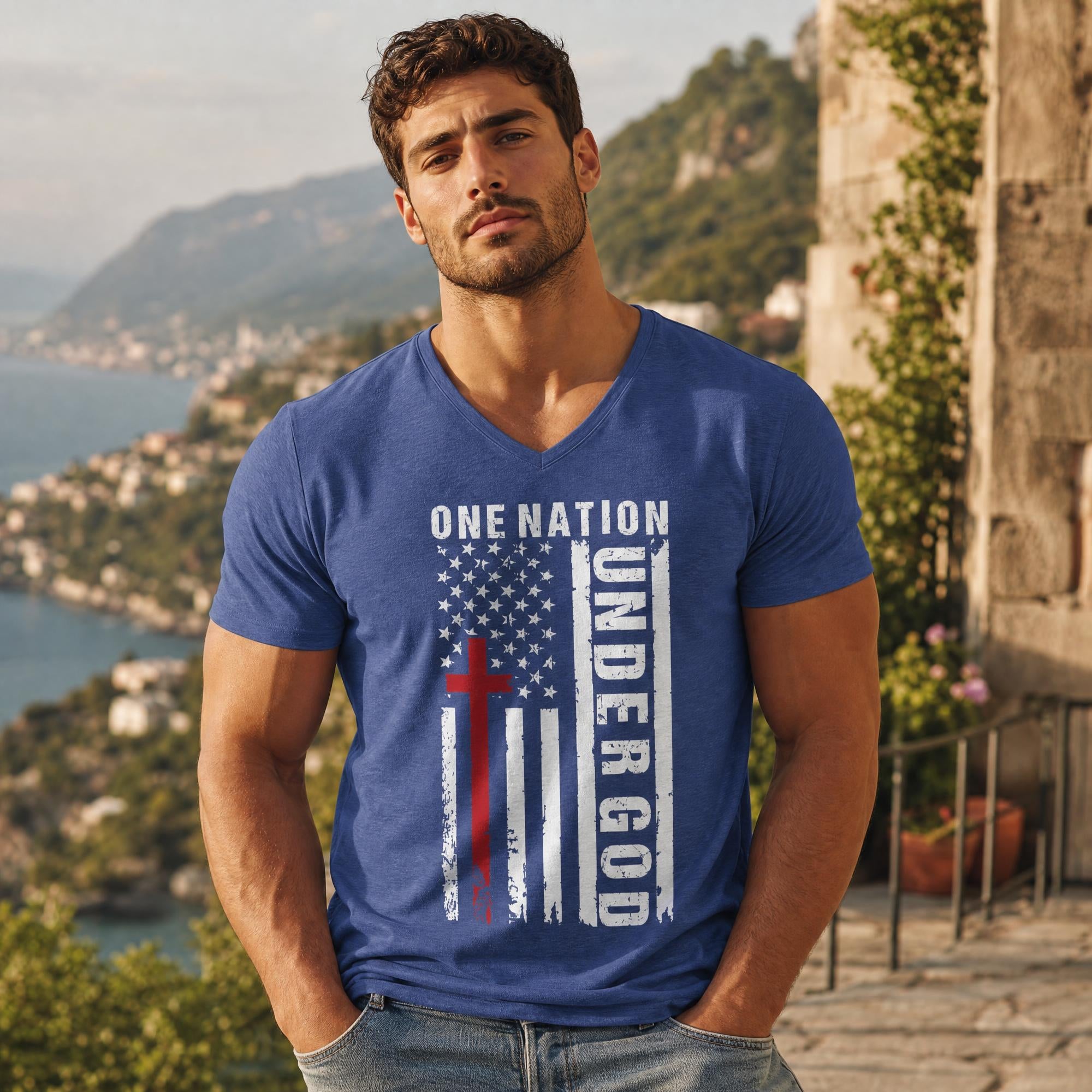 One Nation Under God V-Neck Tee — Patriotic Christian Flag T-Shirt