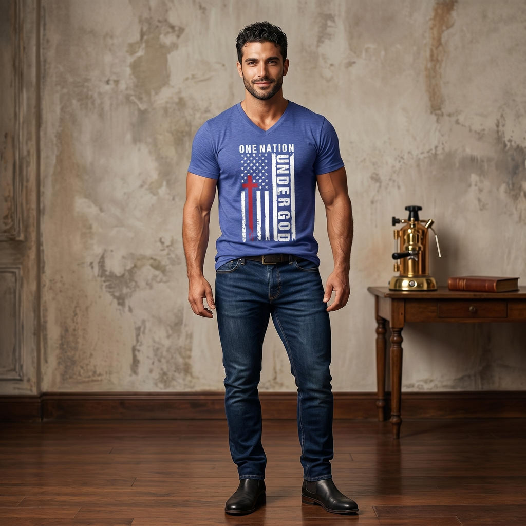 One Nation Under God V-Neck Tee — Patriotic Christian Flag T-Shirt