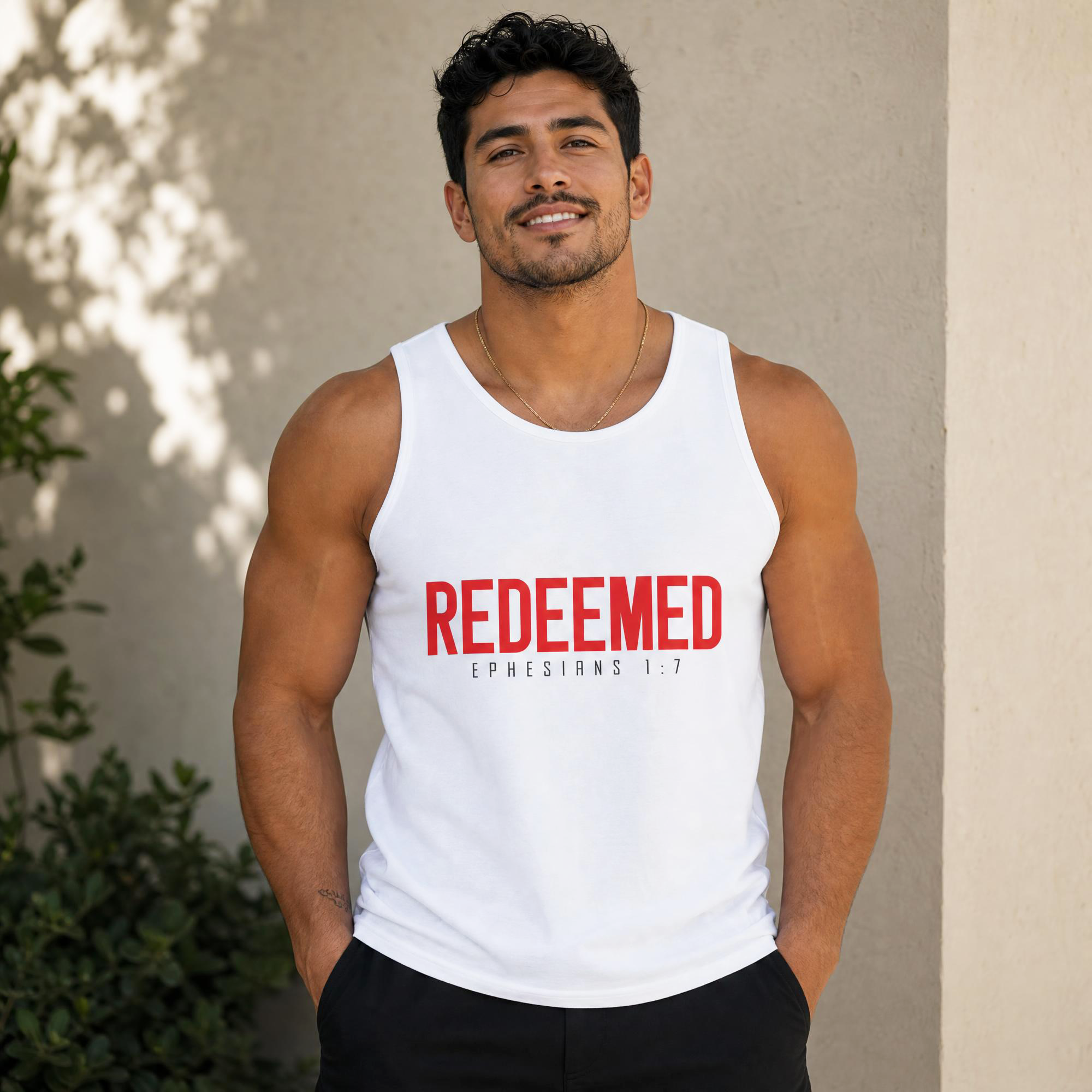 Redeemed Tank Top — Christian Ephesians 1:7 Faith Shirt