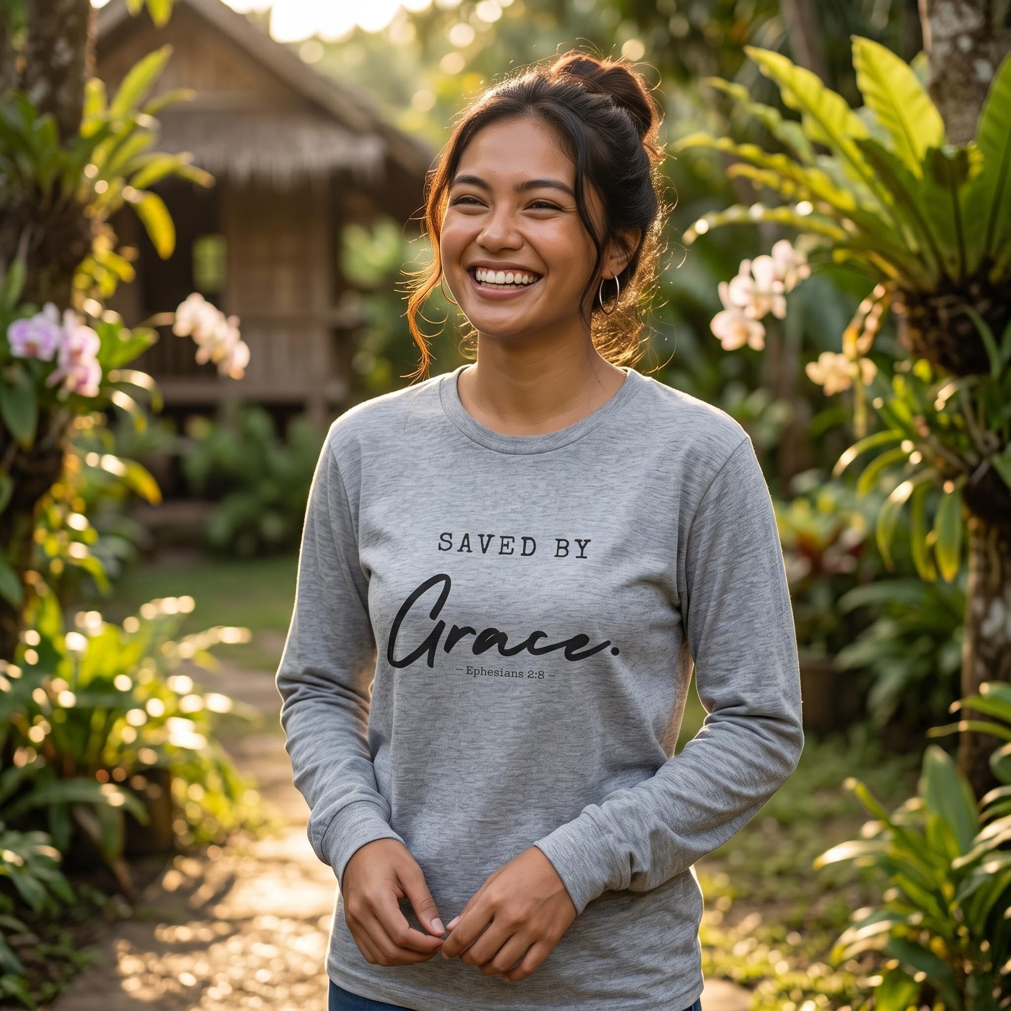 Long Sleeve Tee - "Saved by Grace" Faith-Based Christian Shirt