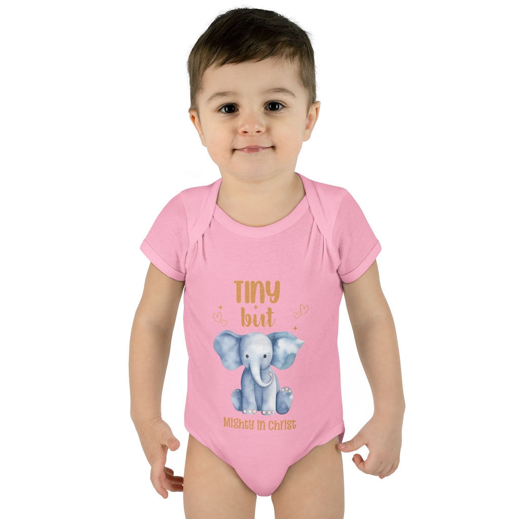 Infant Bodysuit, Tiny But Mighty in Christ Elephant Baby Onesie, Baby Shower Gift, First Birthday Outfit, Grandparents Gift, Combed Cotton
