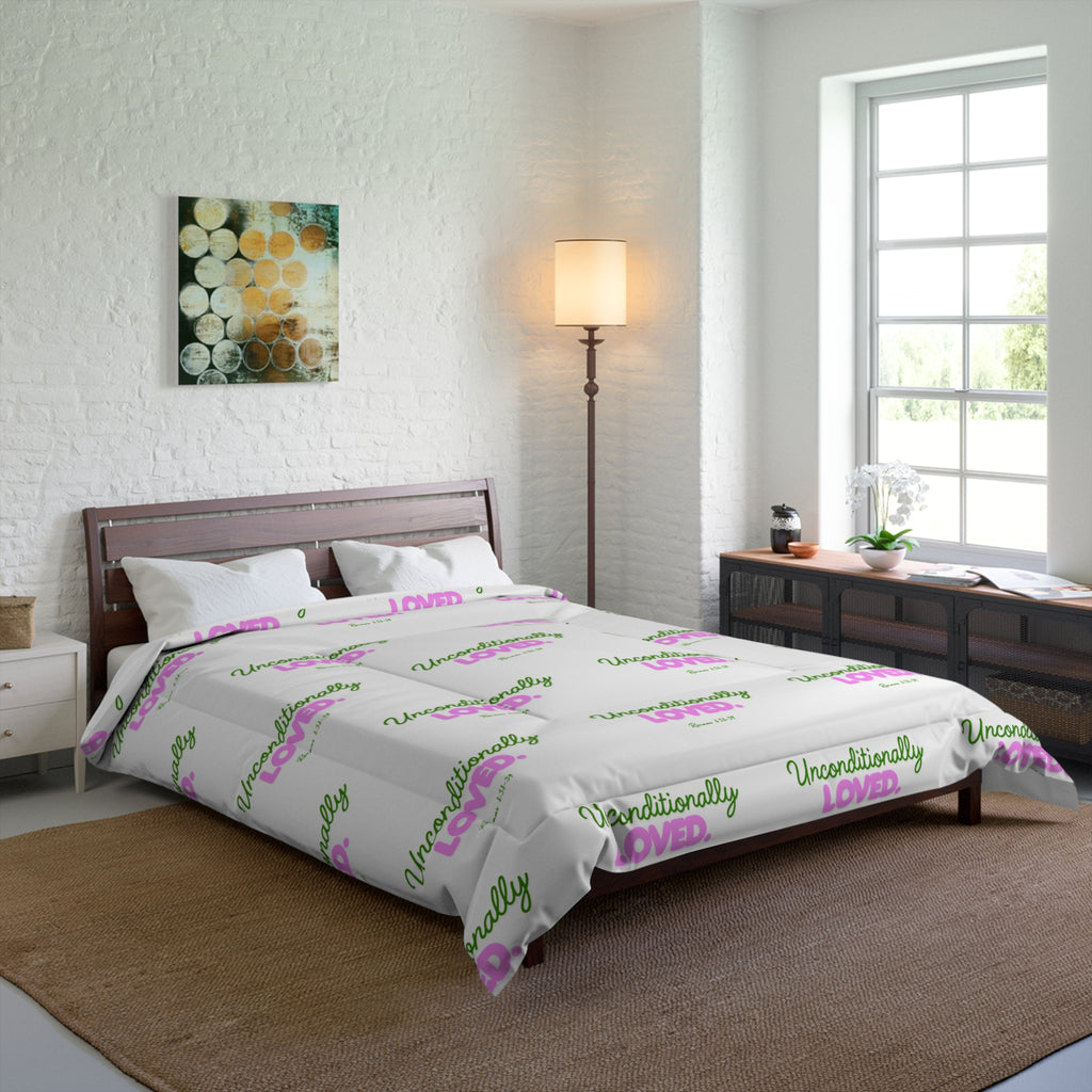 Comforter - "Unconditionally Loved" Repeating Script Pattern, Cozy Floral Pink & Green Bedding Gift