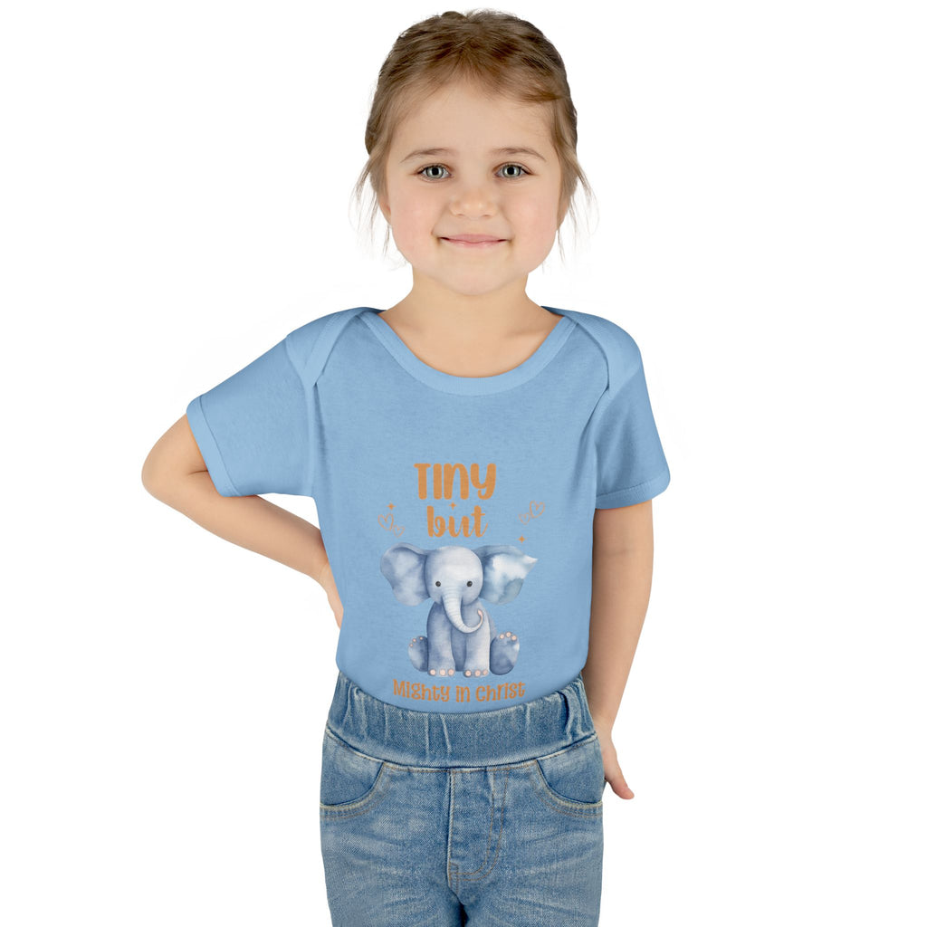 Infant Bodysuit, Tiny But Mighty in Christ Elephant Baby Onesie, Baby Shower Gift, First Birthday Outfit, Grandparents Gift, Combed Cotton