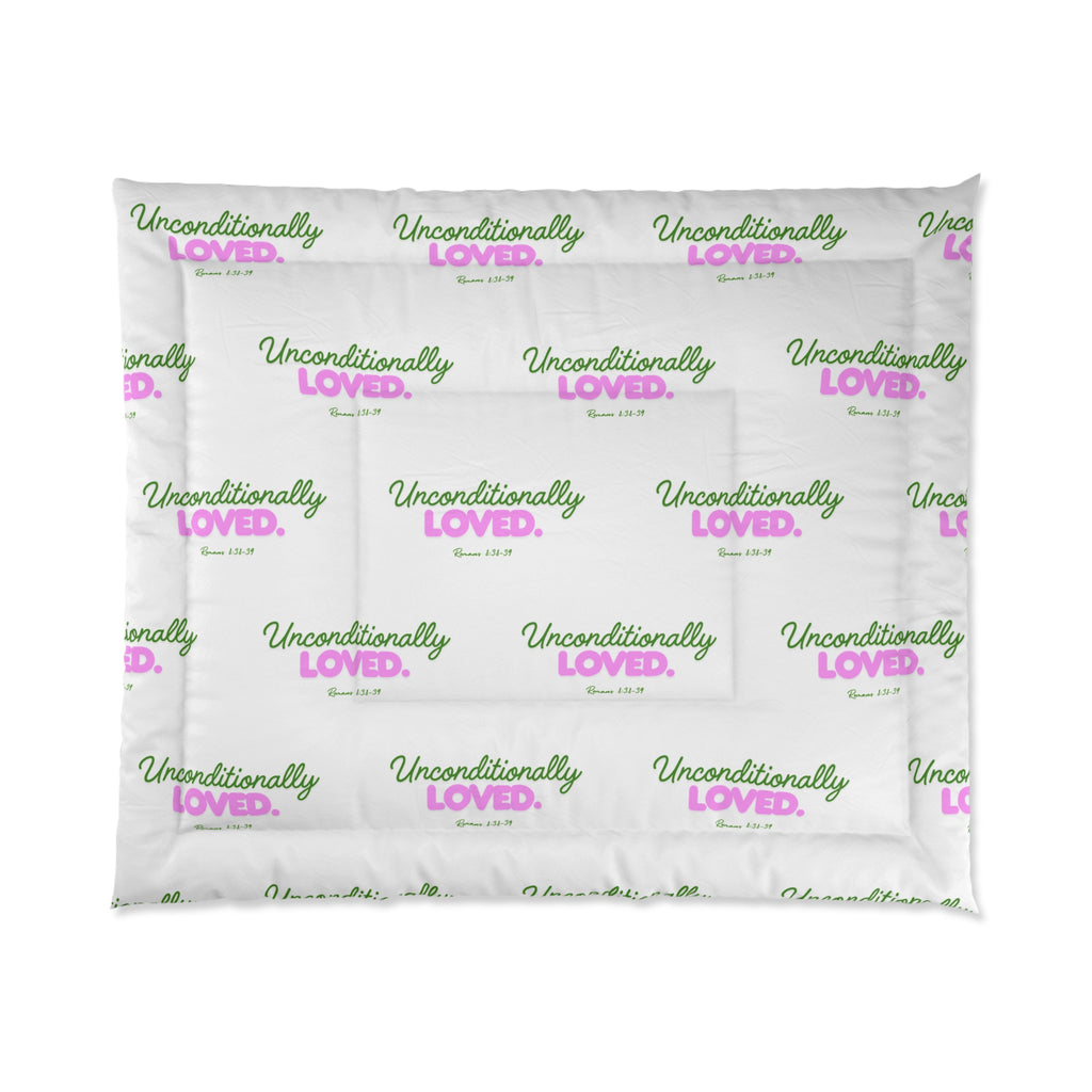 Comforter - "Unconditionally Loved" Repeating Script Pattern, Cozy Floral Pink & Green Bedding Gift