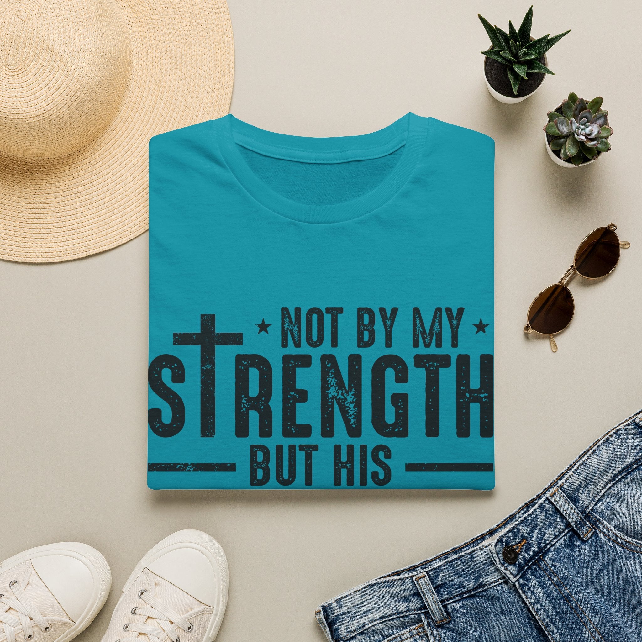 T‑Shirt — "Not By My Strength But His" Christian Cross Faith Tee
