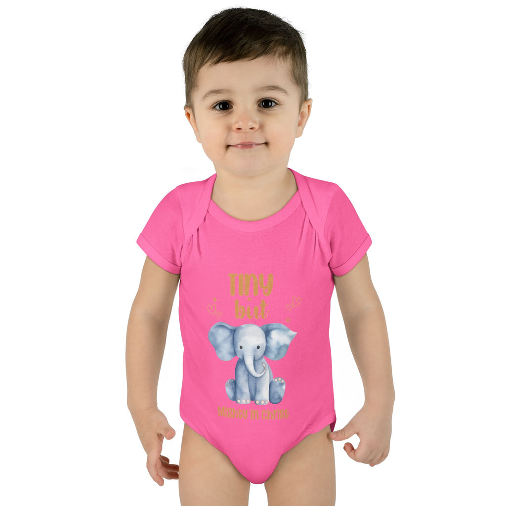 Infant Bodysuit, Tiny But Mighty in Christ Elephant Baby Onesie, Baby Shower Gift, First Birthday Outfit, Grandparents Gift, Combed Cotton