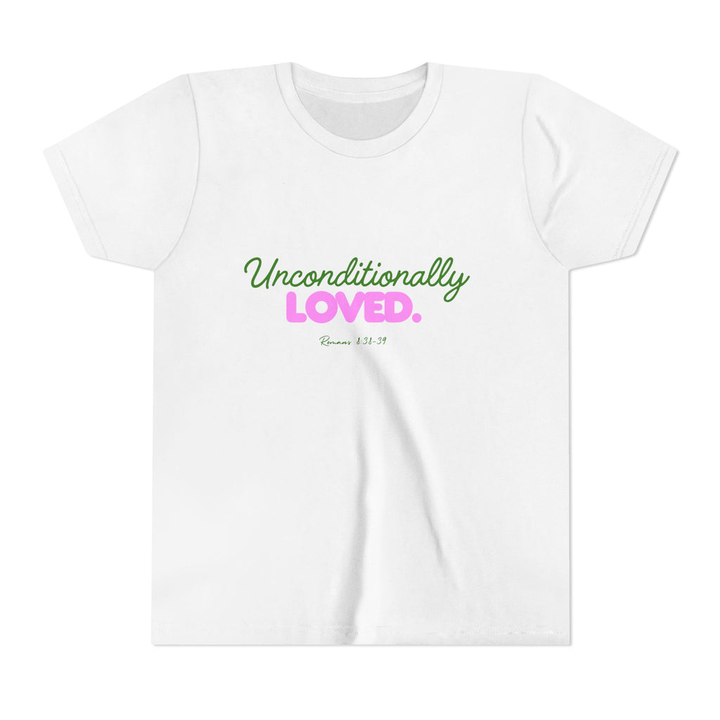 Youth Tee — "Unconditionally Loved." Pink & Green Inspirational Kids Shirt