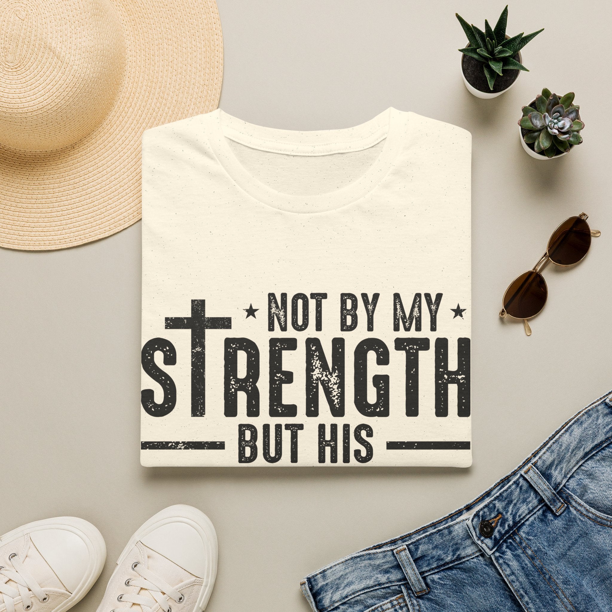 T‑Shirt — "Not By My Strength But His" Christian Cross Faith Tee
