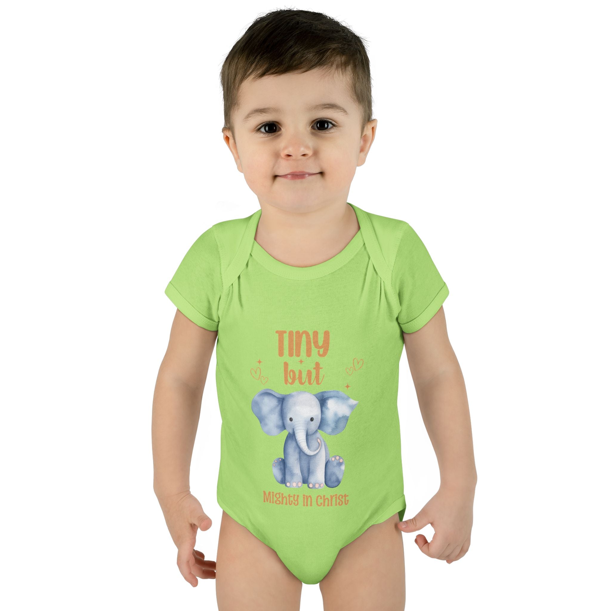 Infant Bodysuit, Tiny But Mighty in Christ Elephant Baby Onesie, Baby Shower Gift, First Birthday Outfit, Grandparents Gift, Combed Cotton