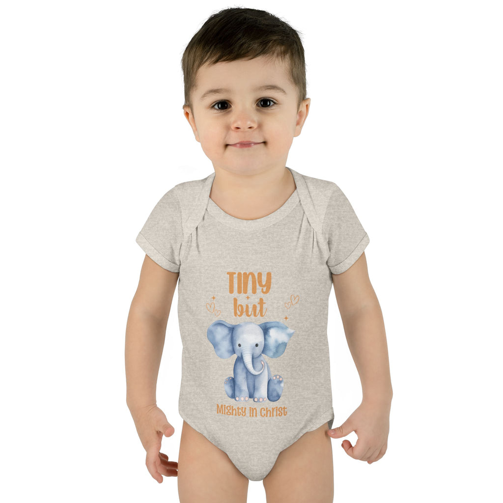 Infant Bodysuit, Tiny But Mighty in Christ Elephant Baby Onesie, Baby Shower Gift, First Birthday Outfit, Grandparents Gift, Combed Cotton