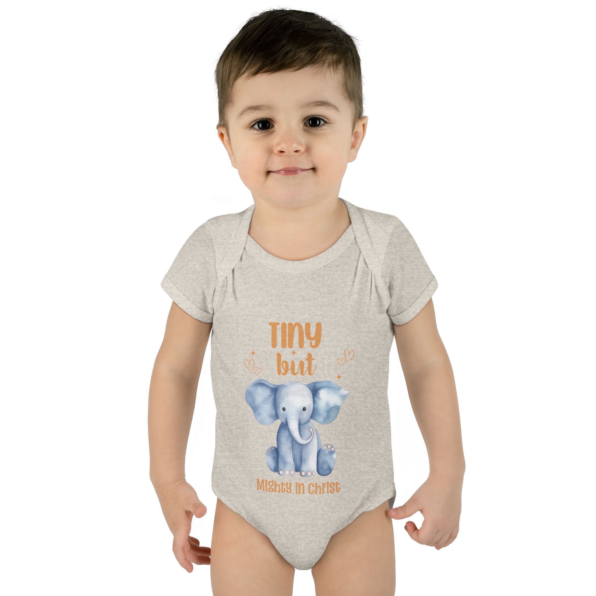 Infant Bodysuit, Tiny But Mighty in Christ Elephant Baby Onesie, Baby Shower Gift, First Birthday Outfit, Grandparents Gift, Combed Cotton