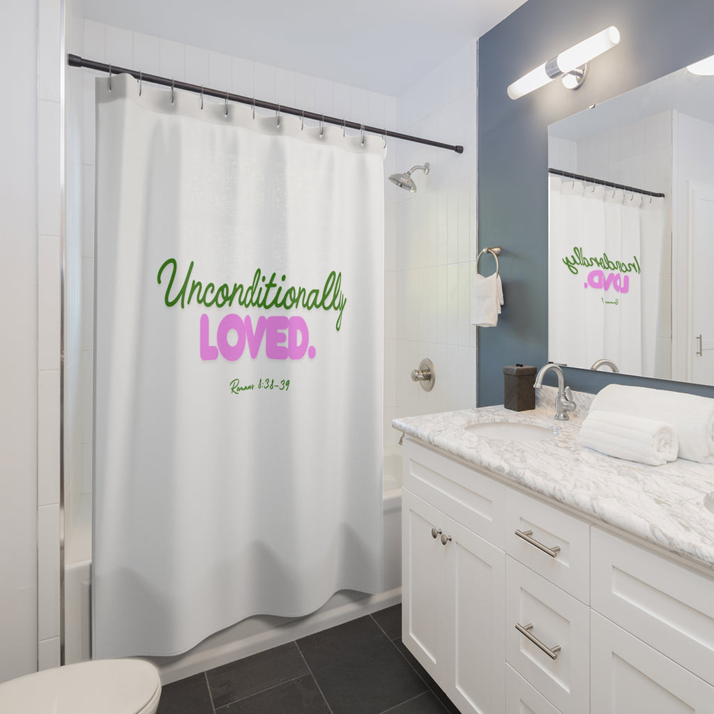 Shower Curtain — "Unconditionally Loved." Inspirational Bathroom Decor (Romans 8:38-39)
