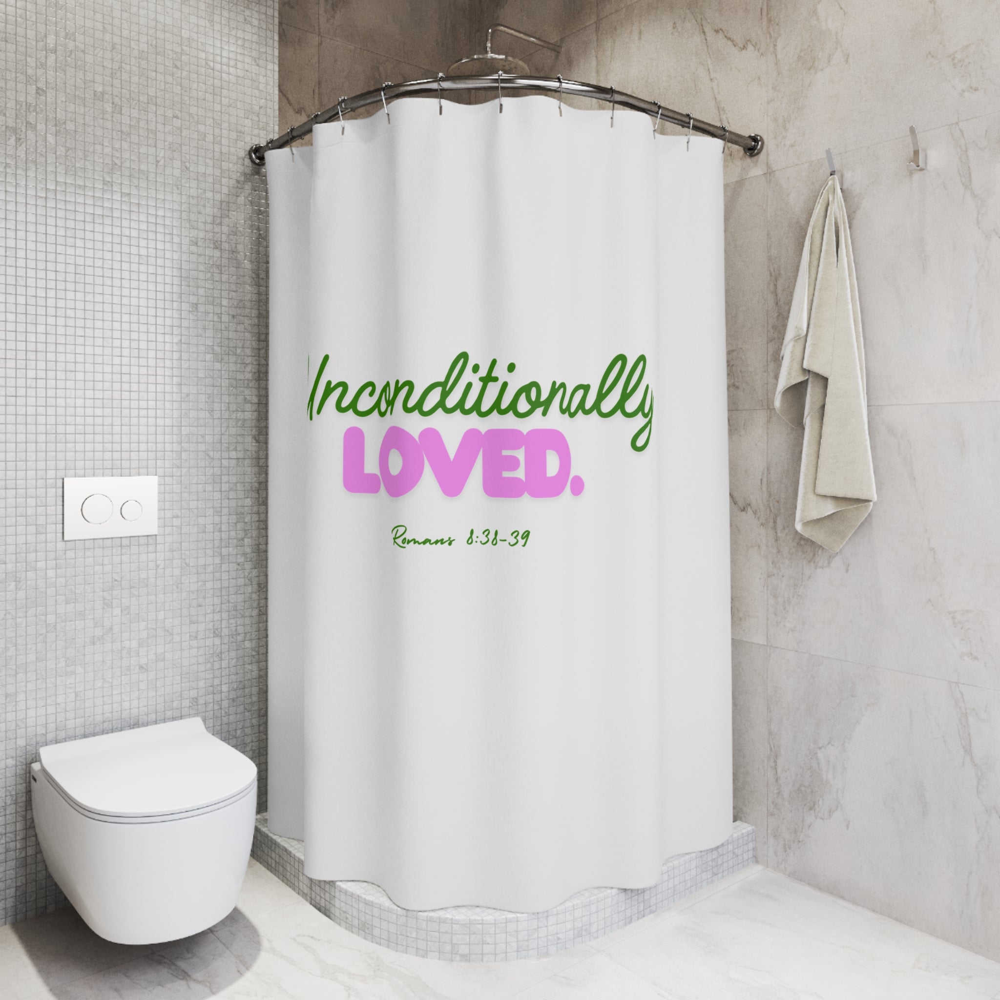 Shower Curtain — "Unconditionally Loved." Inspirational Bathroom Decor (Romans 8:38-39)